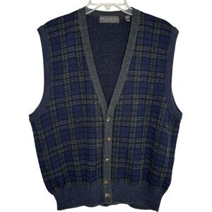 Vintage Mens Cardigan Sweater Vest Large Wool Blend Glengarry Plaid Kurt Cobain